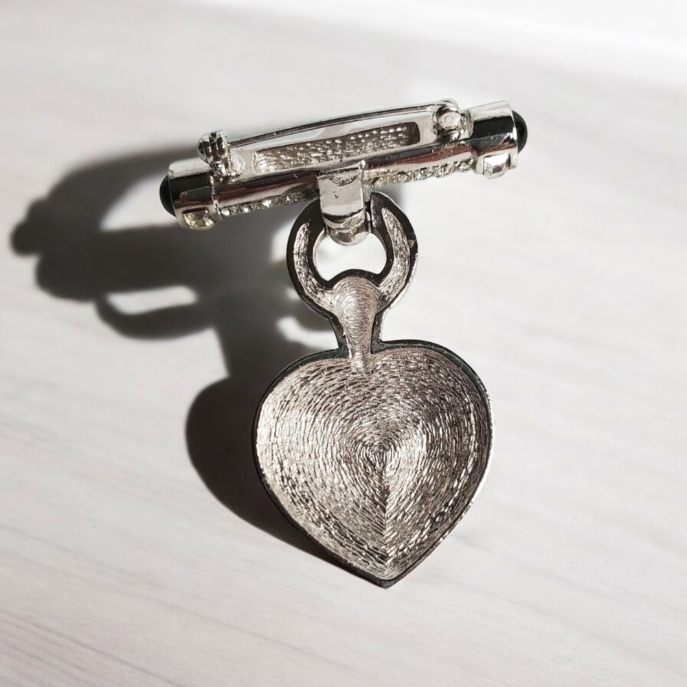 DIOR Vintage Germany Silver Onyx Crystal Heart Dangle Brooch Pin - Picture 4 of 5